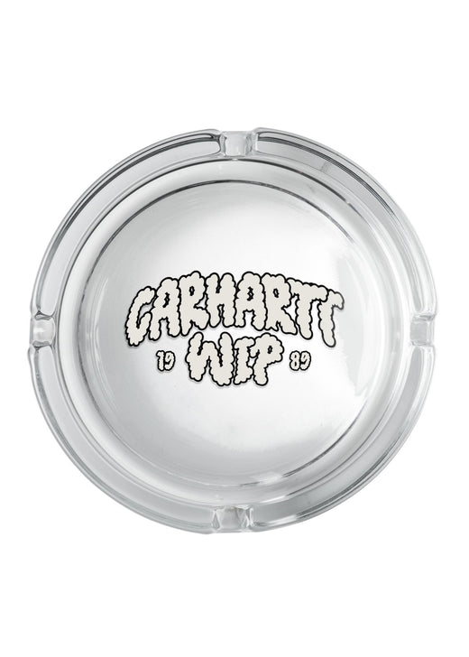 Carhartt WIP Cloud Script Ashtray in clear glass with logo graphic print, top-down view