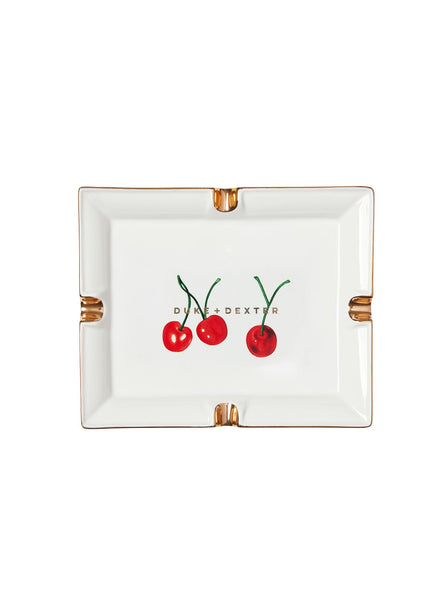 Duke and Dexter Costello Cherry Ceramic Tray in white with gold leaf rim and cherry print