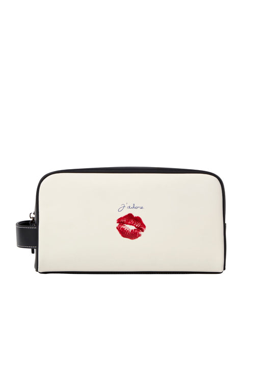 Duke and Dexter Kiss Wash Bag in cream leather with kiss print and gold foil detail