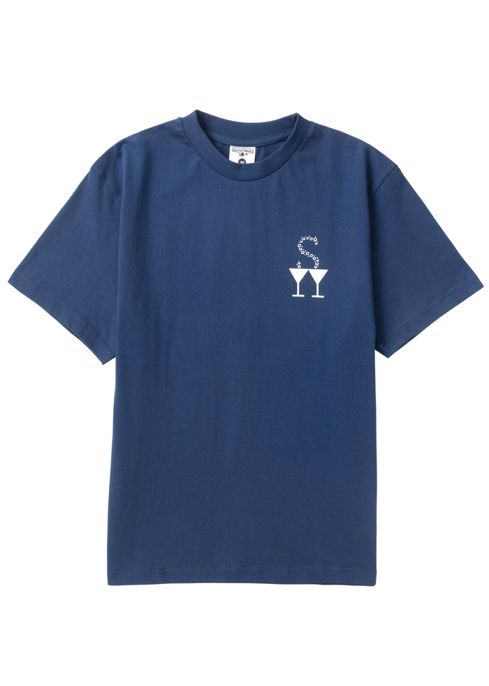 A navy blue short-sleeve crewneck t-shirt with a small white graphic on the left chest depicting two martini glasses with a smoking effect, shown against a plain white background.
