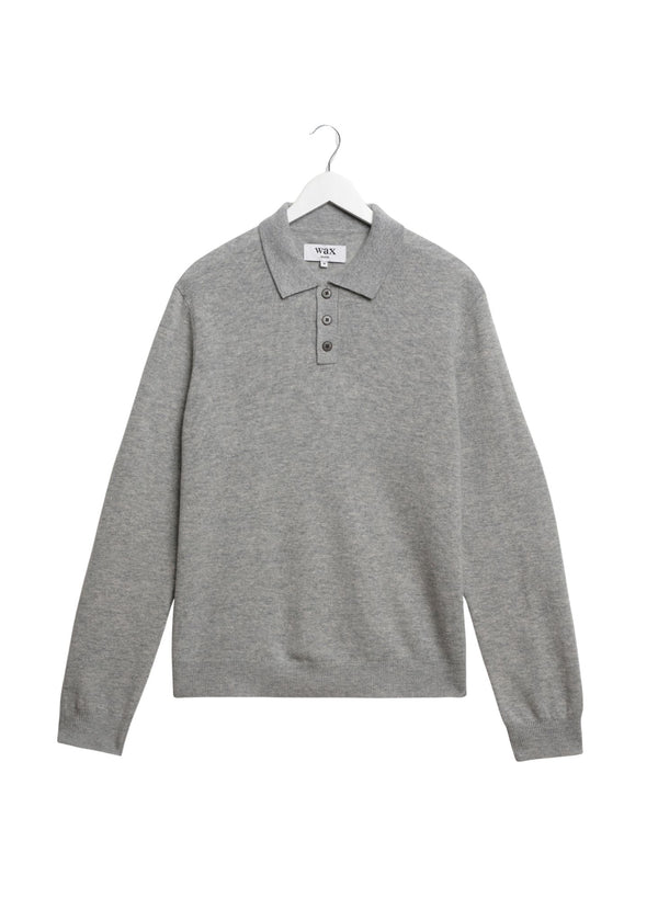 Wax London Lawrie Long Sleeve Polo in Grey Front Product view