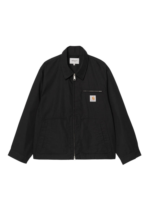 Carhartt WIP Postal Jacket in black, front view showing two-way zip and welt pockets
