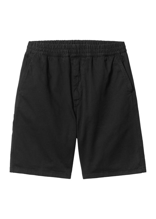 Carhartt WIP Flint Short in black, front view showing drawcord waistband and tool pockets