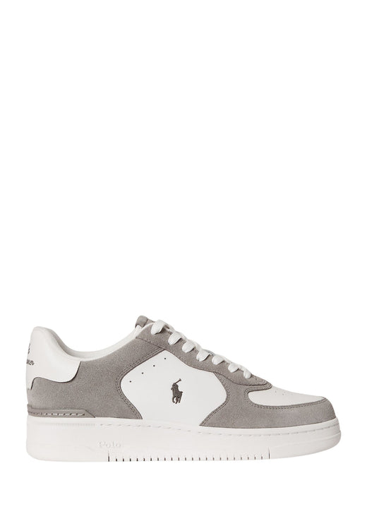 Ralph Lauren Masters Court Leather Suede Sneaker in Grey White - side profile
