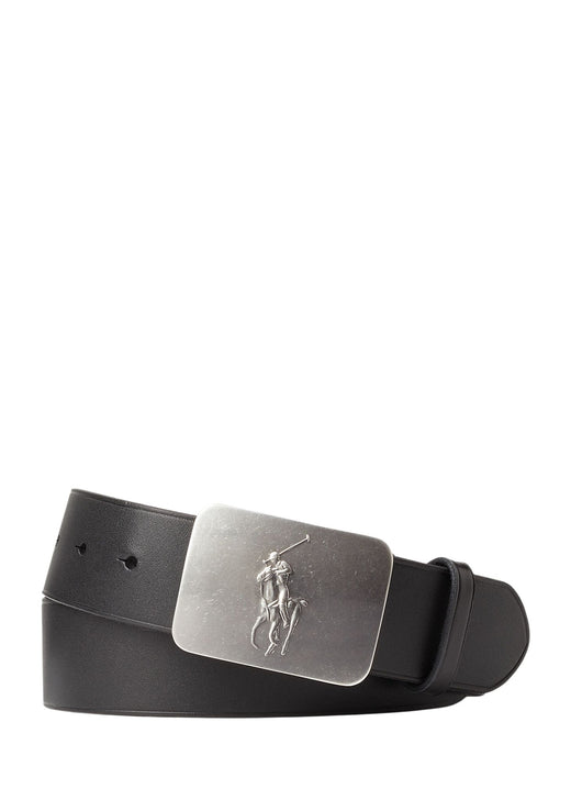 Ralph Lauren Pony-Plaque Leather Belt in Black - full belt flat lay