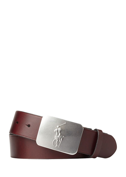 Ralph Lauren Pony-Plaque Leather Belt in Dark Brown - full belt flat lay