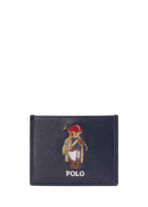 Ralph Lauren Polo Bear Leather Card Case in Navy - front view showing Polo Bear embroidery