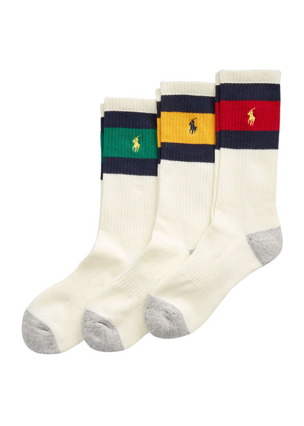 Ralph Lauren Striped-Cuff Crew Sock 3-Pack in White - product flat lay showing all 3 pairs
