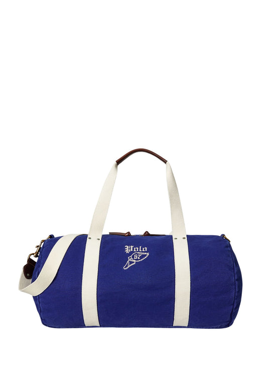 Ralph Lauren Embroidered Canvas Duffel Bag in Blue - front view showing Polo logo and 67 embroidery
