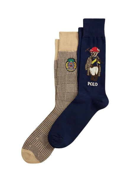 Ralph Lauren Polo Bear and Crest Trouser Sock 2-Pack - both pairs showing Polo Bear and crest embroidery detail


