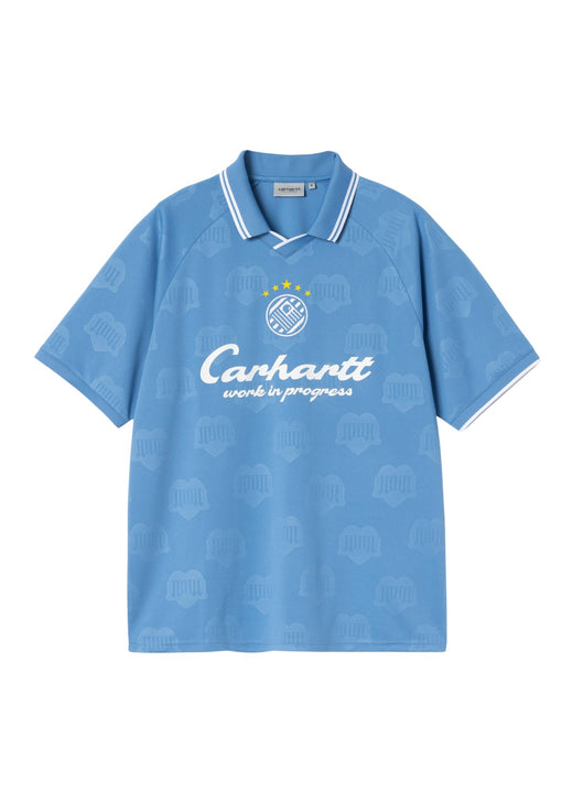 Carhartt WIP Terrace Football T-Shirt in Blue - front view showing graphic embroidery and contrast trims