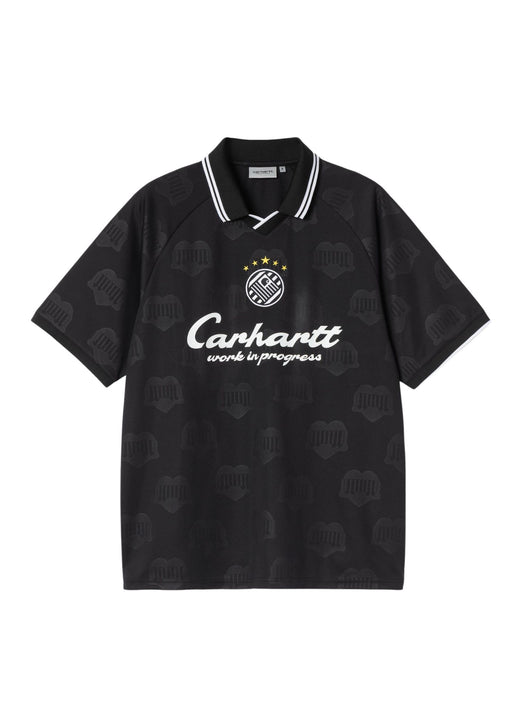 Carhartt WIP Terrace Football T-Shirt in Black - front view showing graphic embroidery and contrast trims