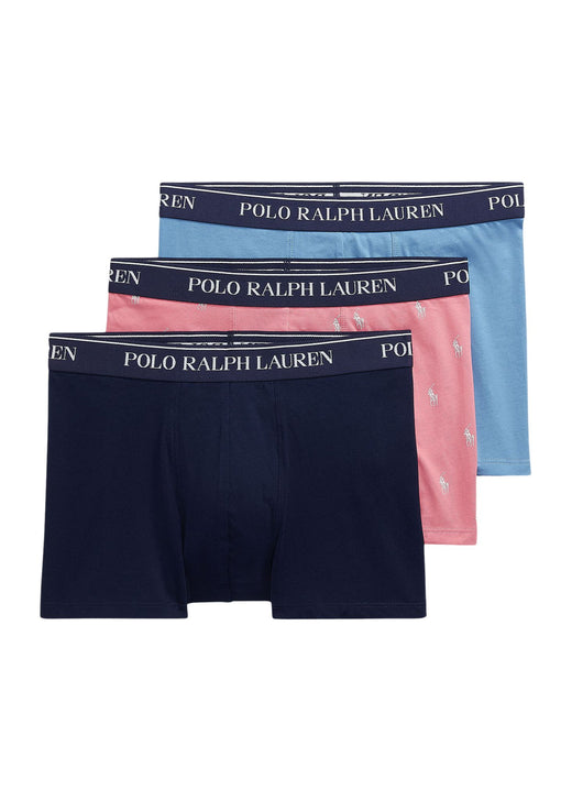 Polo Ralph Lauren men's boxer trunk 3-pack flat lay Navy, Pink Pony and Blue.