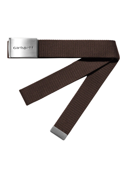 Carhartt WIP Clip Belt Chrome, tobacco canvas, full length with chrome buckle, flat lay