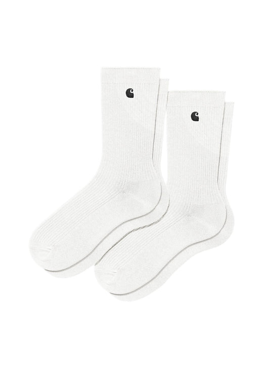 Two white crew socks with a small black Carhartt logo on the cuff, displayed against a solid white background.