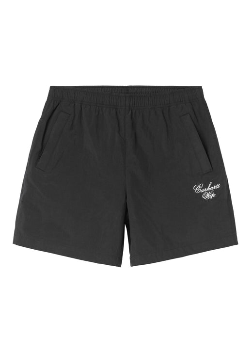 Carhartt WIP Travon Short, black wax nylon, front view showing relaxed fit and zipped front pockets