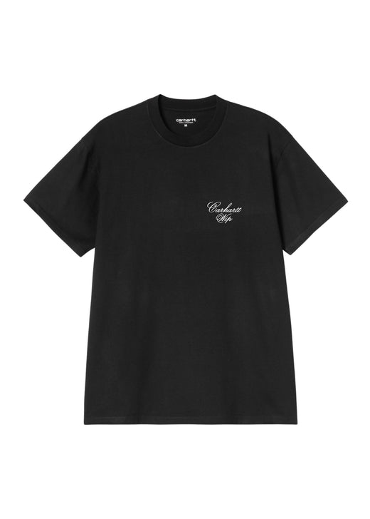 Carhartt WIP Gracious T-Shirt, black organic cotton, front view showing graphic embroidery on chest
