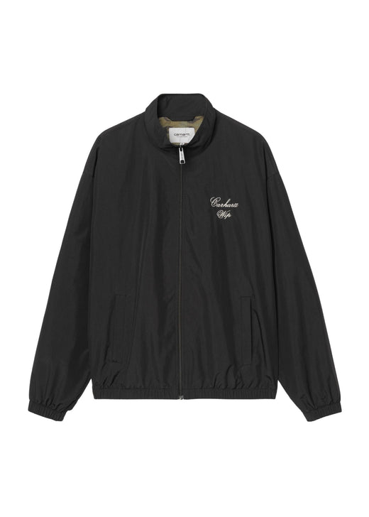 Carhartt WIP Travon Jacket, black wax nylon, front view with zip fastening closed, showing stand-up collar and graphic embroidery on chest