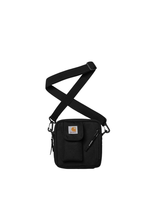 Carhartt WIP Essentials Bag Small, black recycled polyester canvas, front view showing two-way zip and front pocket detail