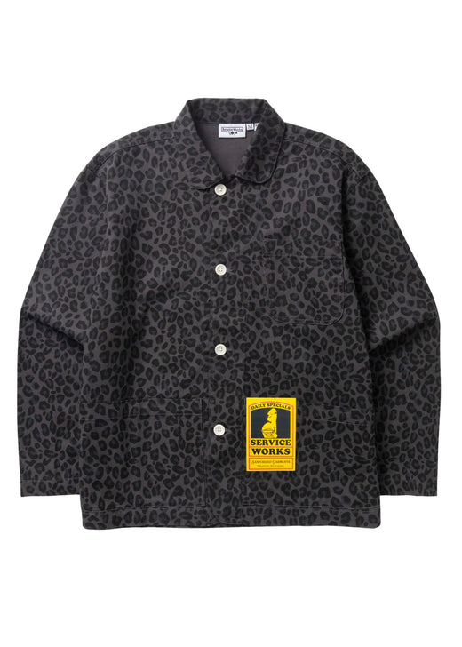 Service Works black leopard print chef shirt, full front view with button closure