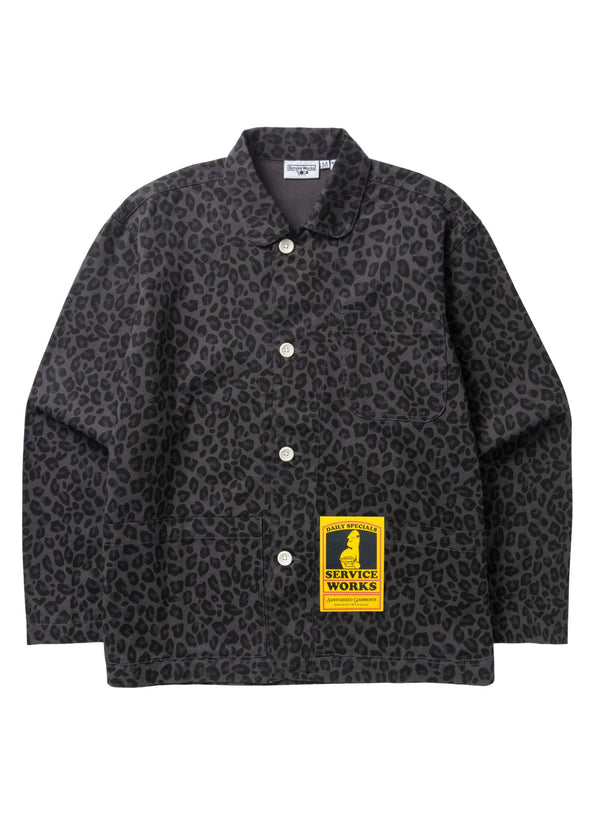 Service Works black leopard print chef shirt, full front view with button closure