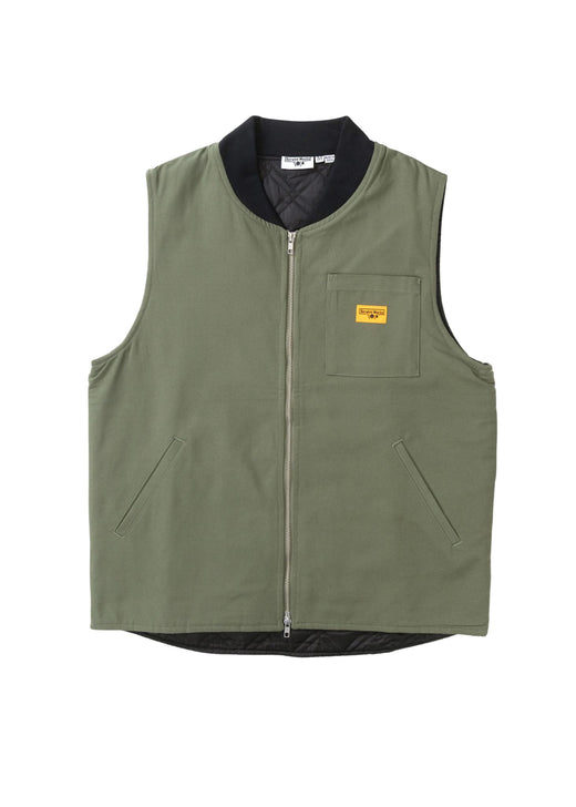 Service Works canvas work vest in olive, full front view with zip closure