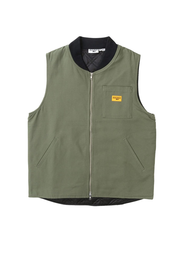 Service Works canvas work vest in olive, full front view with zip closure