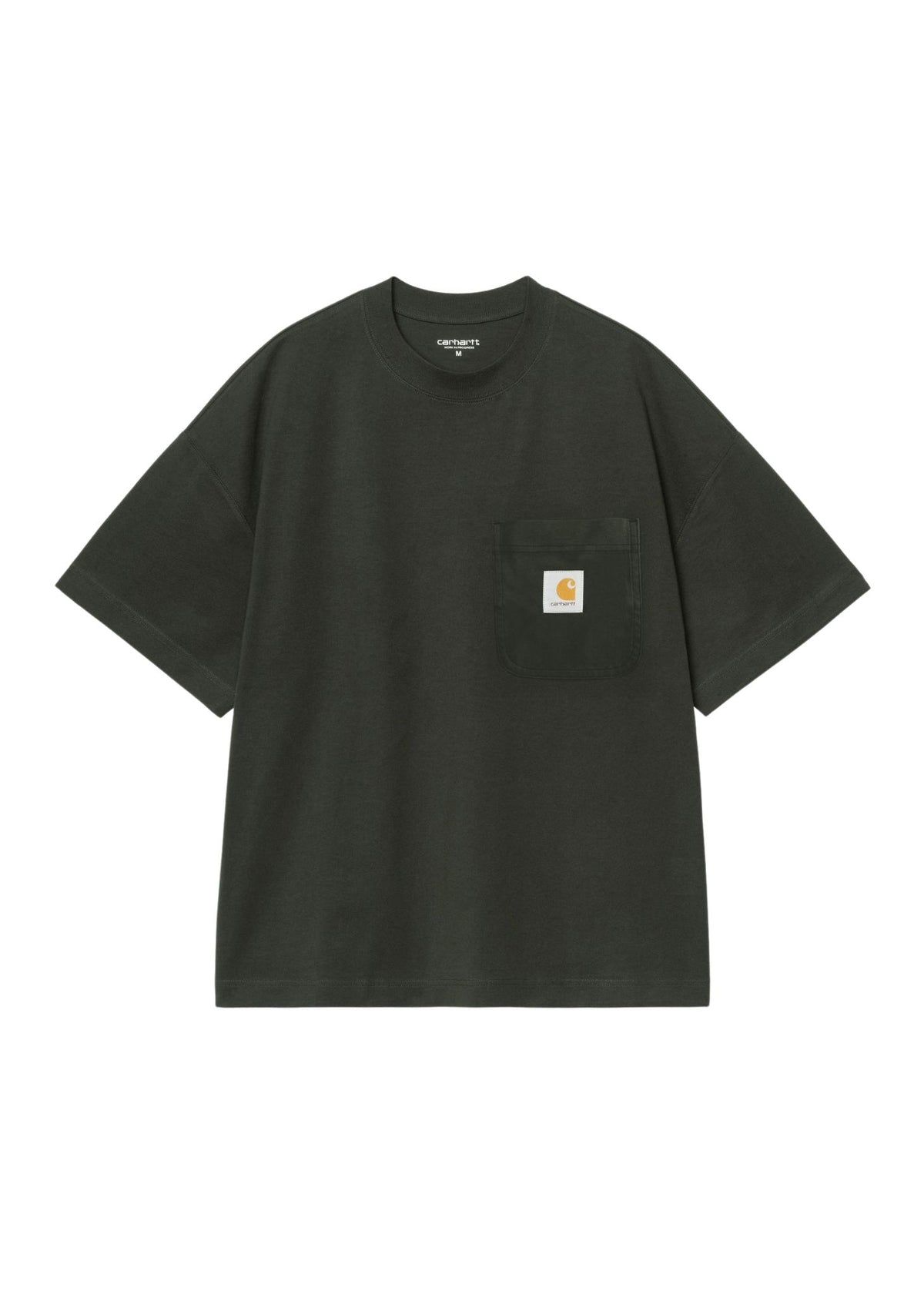 A dark olive green Carhartt short-sleeve t-shirt with a classic Carhartt logo patch on the left chest pocket, displayed flat against a solid white background.