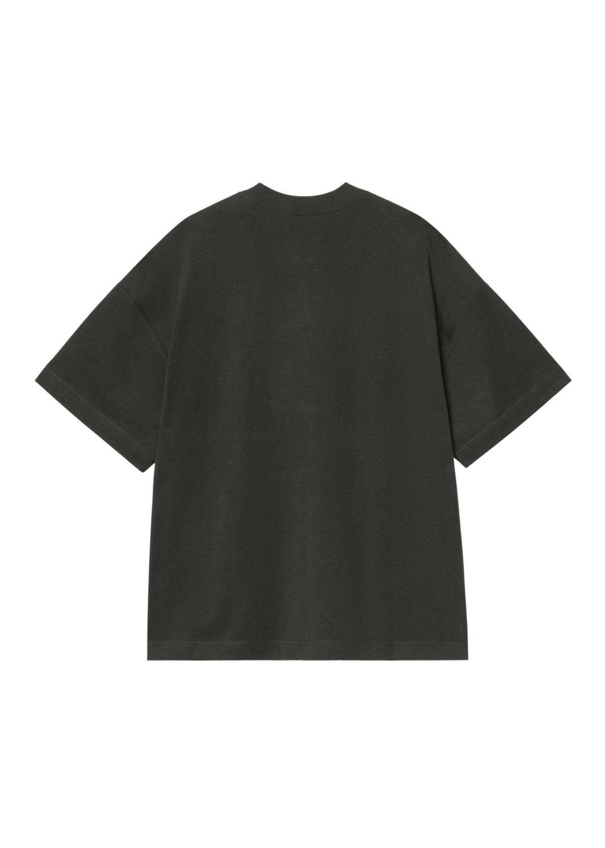 A dark olive green short-sleeve t-shirt shown from the back, laid flat against a solid white background.