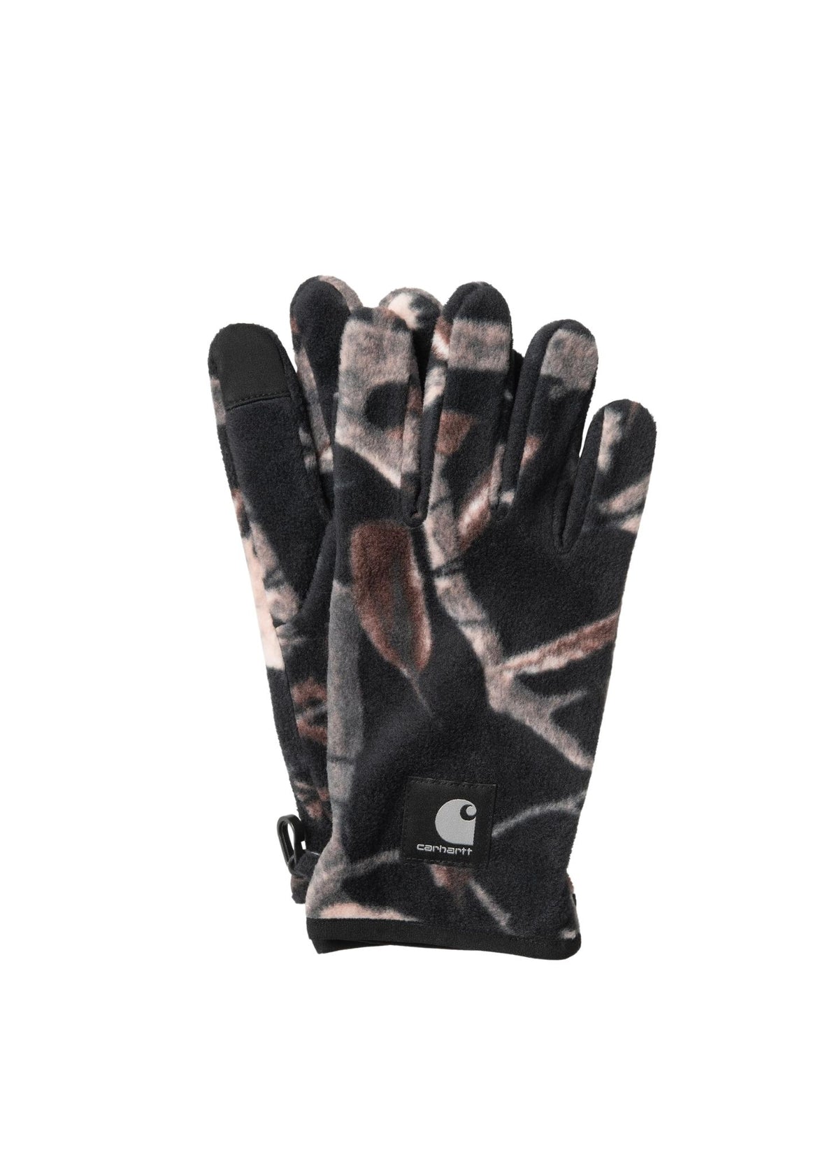 A pair of Carhartt fleece gloves in a woodland camouflage pattern, featuring a black and brown design with a visible Carhartt logo on the back of the hand.