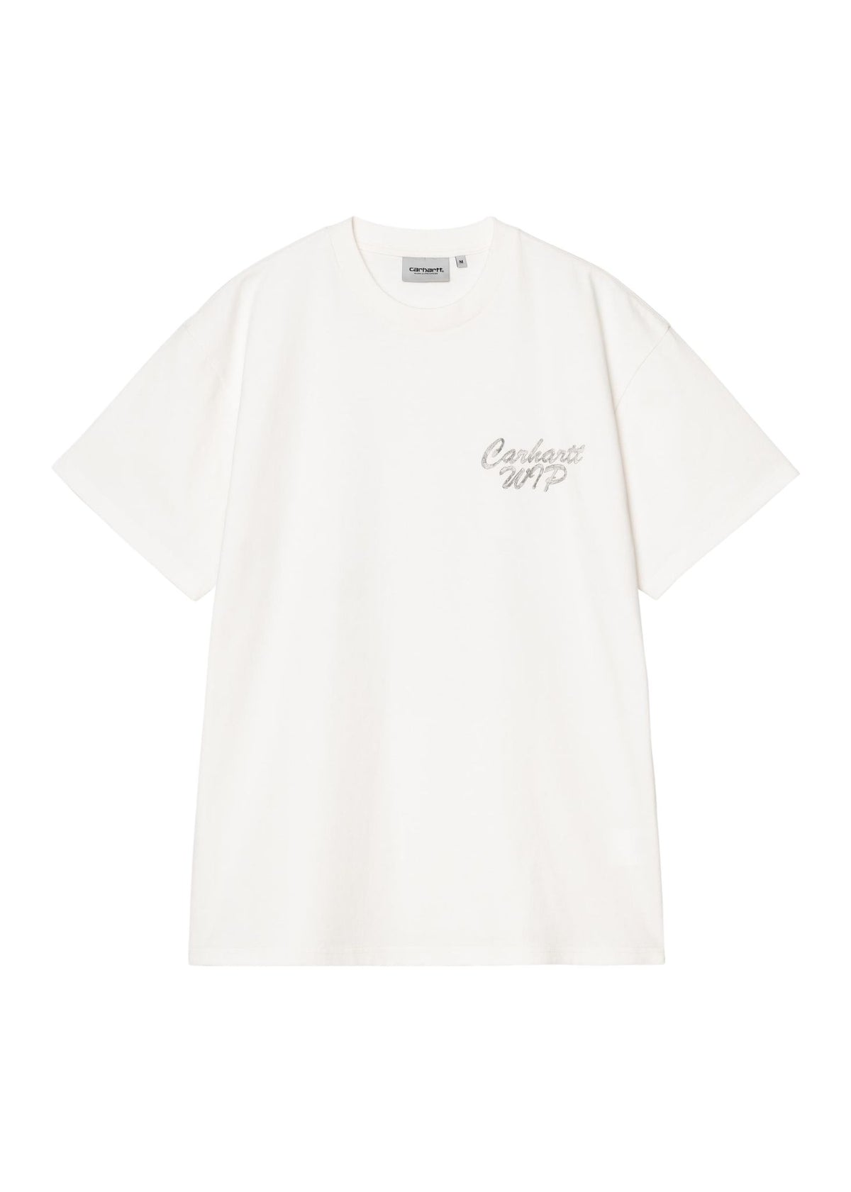 An oversized off-white short-sleeve t-shirt by Carhartt, featuring a small gray embroidered 'Carhartt WIP' logo on the left chest, displayed against a solid white background.