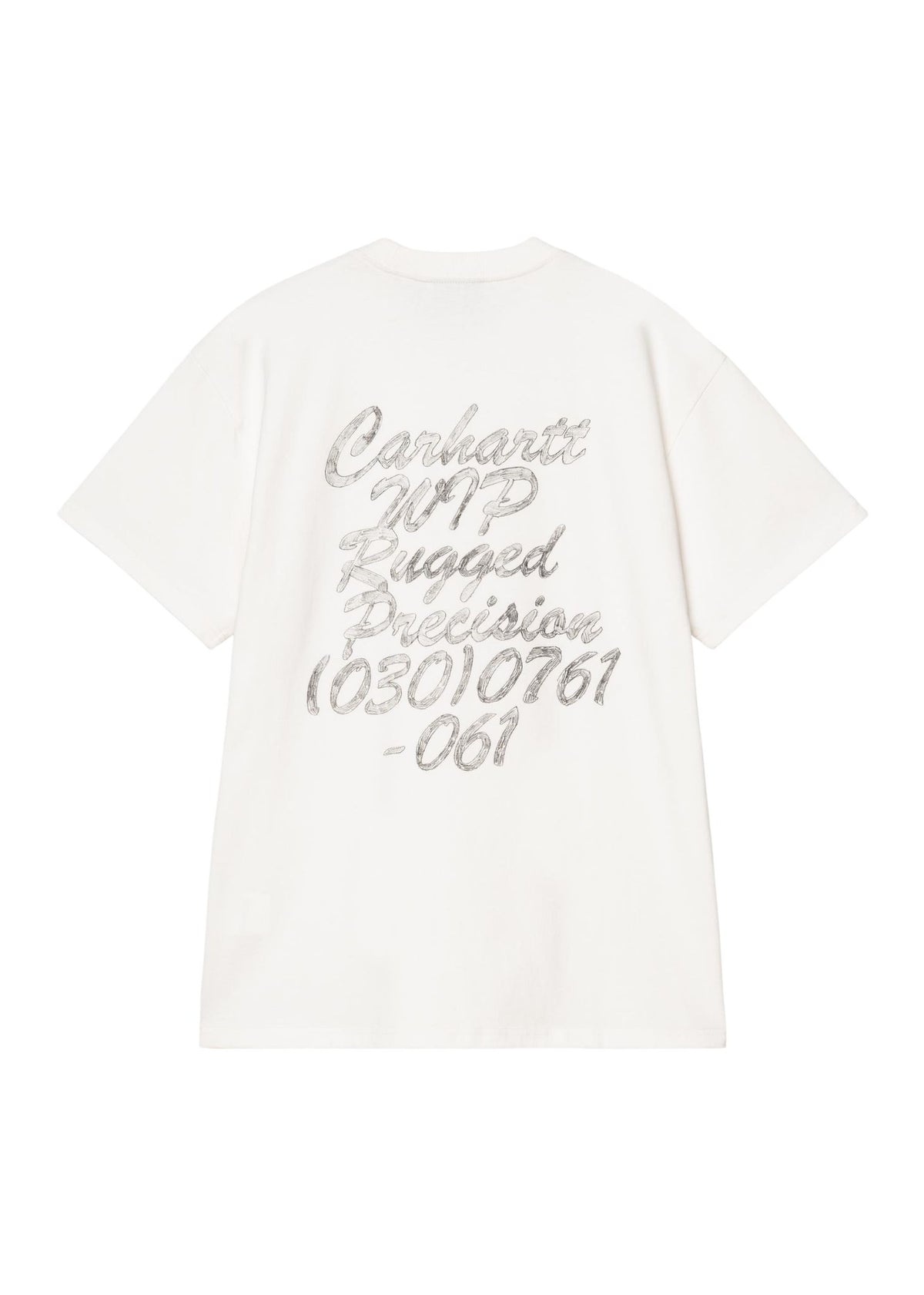 An off-white short-sleeve t-shirt shown from the back, featuring a textured silver graphic print that reads 'Carhartt Rugged Precision (030) 10761 - 061'.